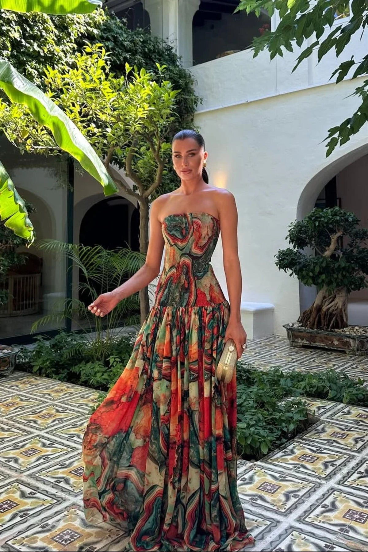 Maxi Dress Women - Strapless Marble Tiered Dress