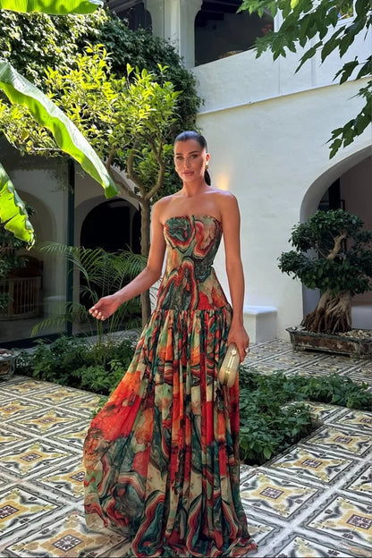 Maxi Dress Women - Strapless Marble Tiered Dress