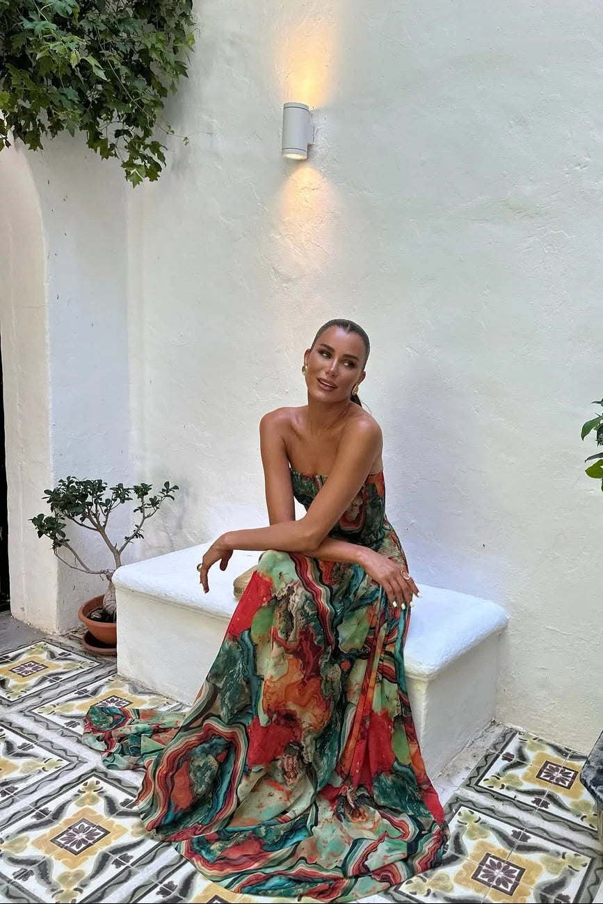 Maxi Dress Women - Strapless Marble Tiered Dress