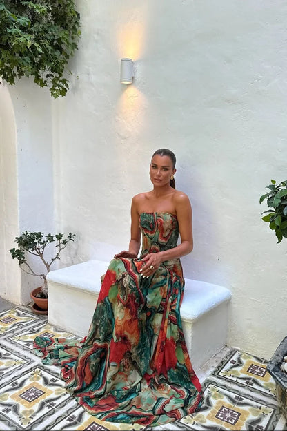 Maxi Dress Women - Strapless Marble Tiered Dress