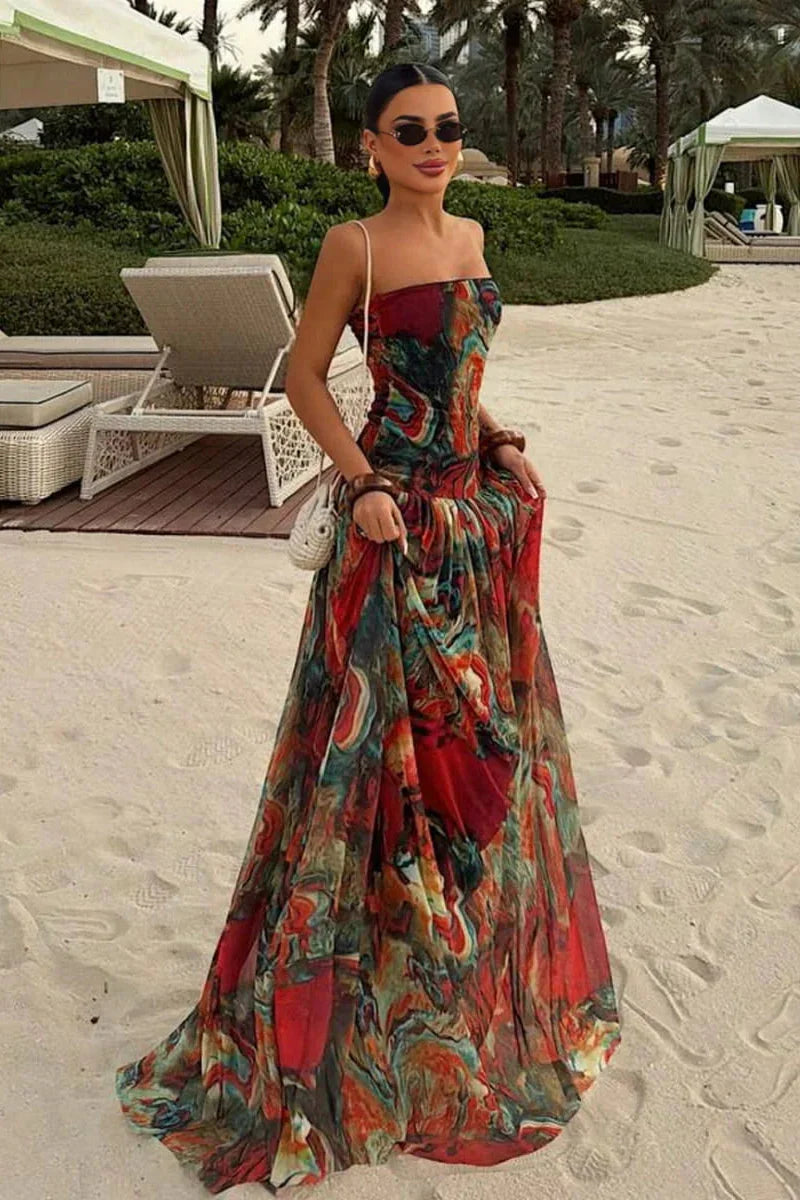 Maxi Dress Women - Strapless Marble Tiered Dress