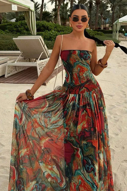 Maxi Dress Women - Strapless Marble Tiered Dress