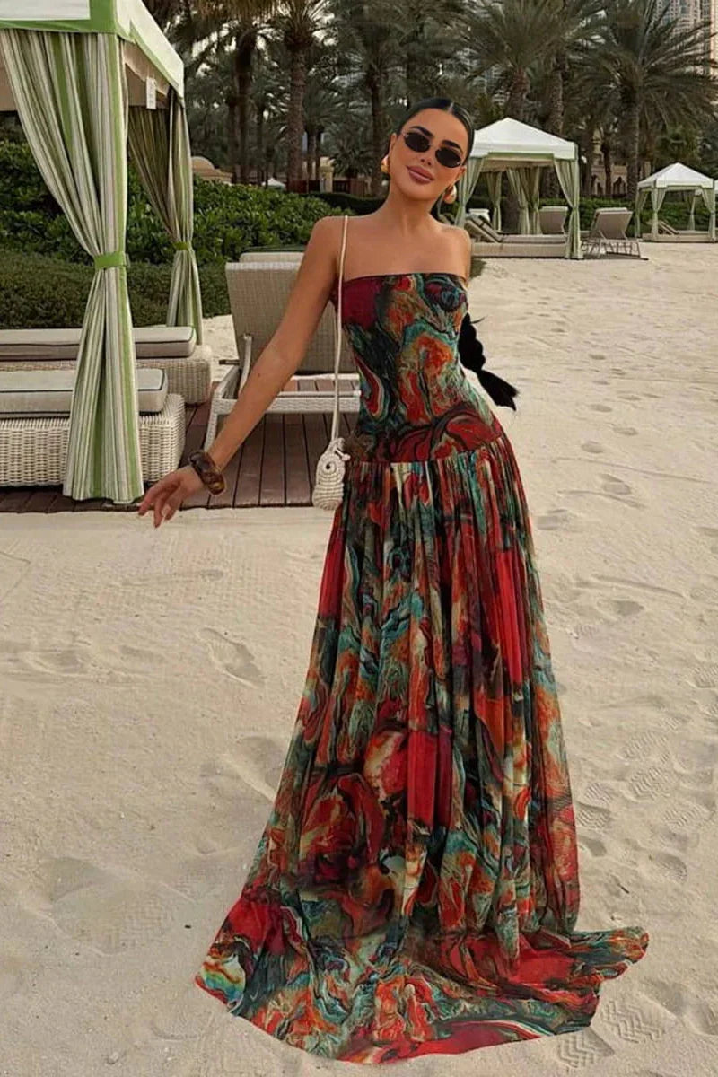 Maxi Dress Women - Strapless Marble Tiered Dress