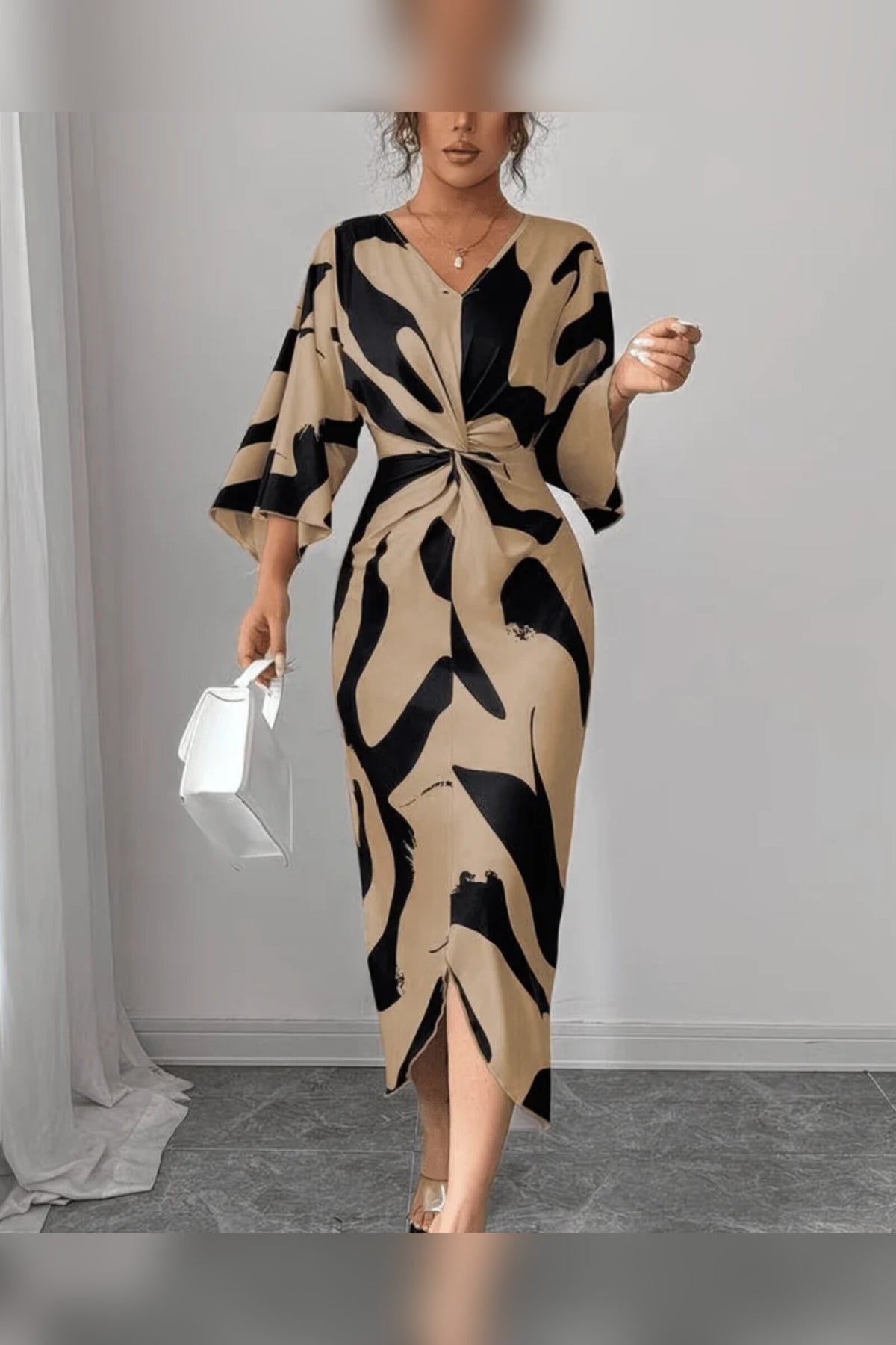 Midi Dress Women - Abstract Print Twist Waist