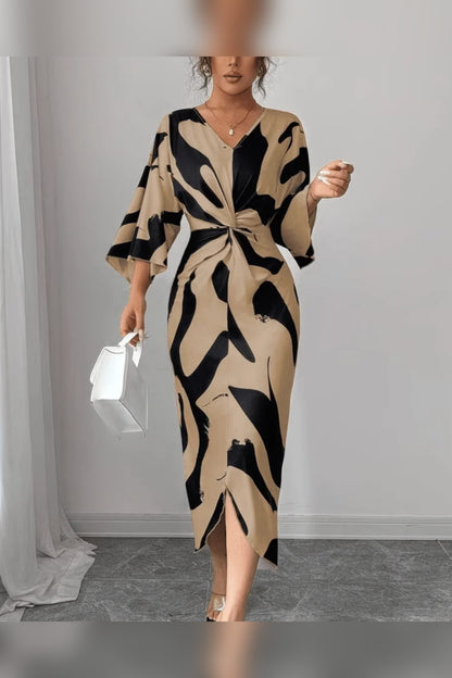 Midi Dress Women - Abstract Print Twist Waist