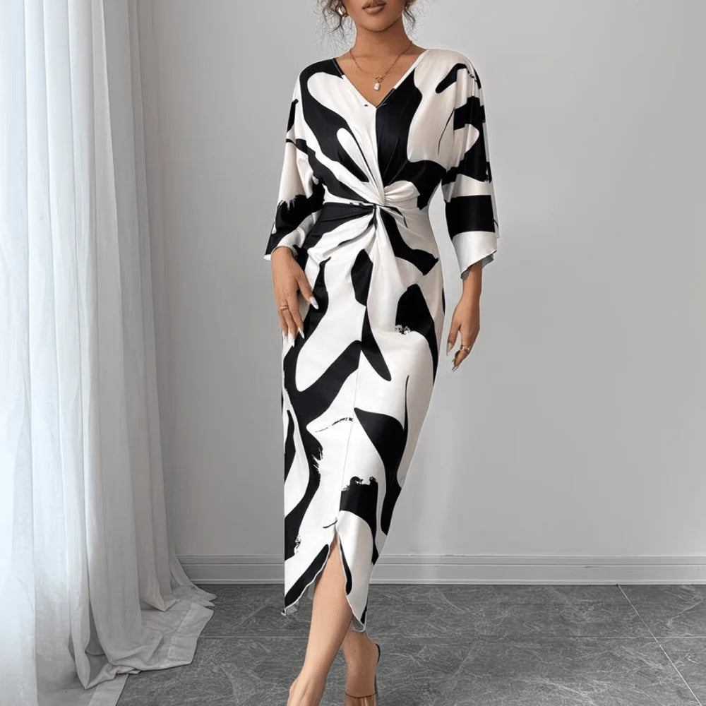 Midi Dress Women - Abstract Print Twist Waist