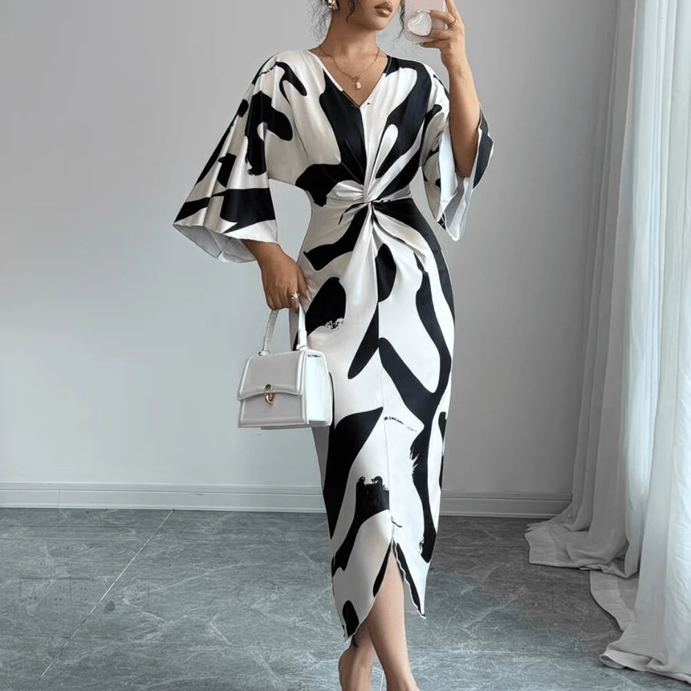 Midi Dress Women - Abstract Print Twist Waist