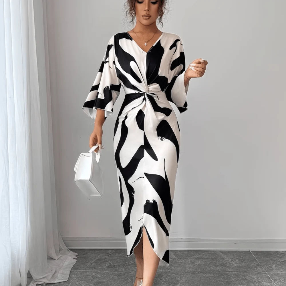 Midi Dress Women - Abstract Print Twist Waist