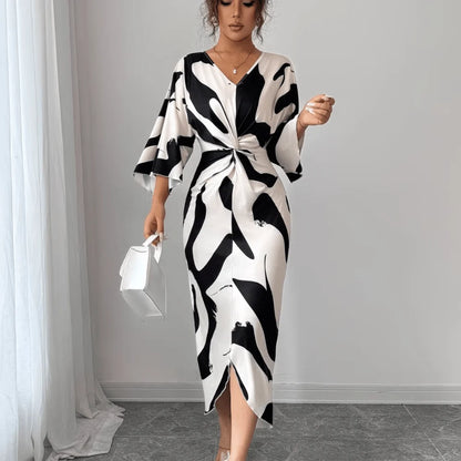 Midi Dress Women - Abstract Print Twist Waist