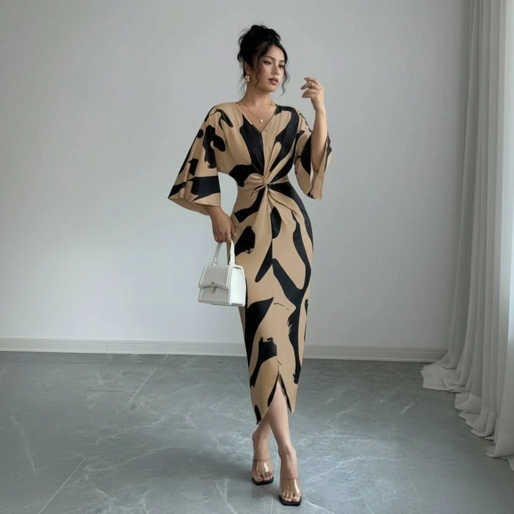 Midi Dress Women - Abstract Print Twist Waist