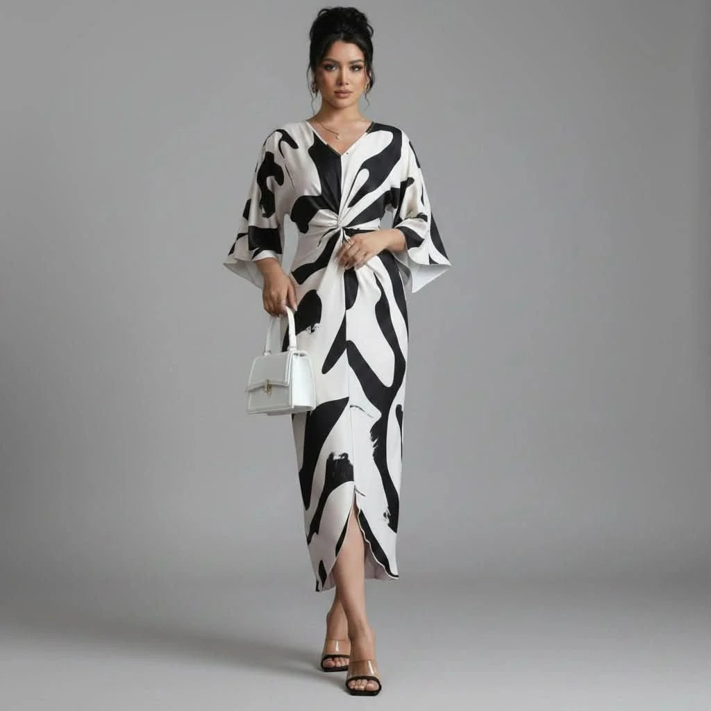 Midi Dress Women - Abstract Print Twist Waist