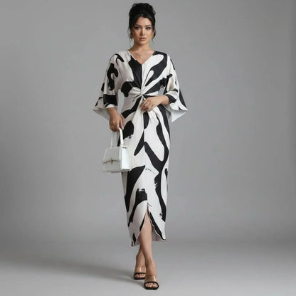 Midi Dress Women - Abstract Print Twist Waist