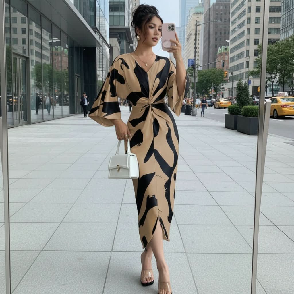 Midi Dress Women - Abstract Print Twist Waist