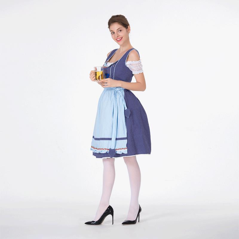 Midi Dress Women - Bavarian Dirndl Dress with Polka Dot Bodice and Ruffle Apron