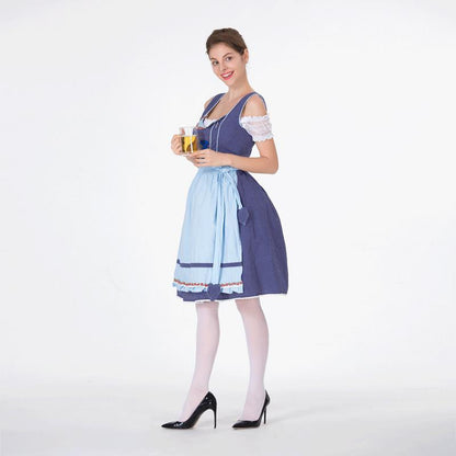 Midi Dress Women - Bavarian Dirndl Dress with Polka Dot Bodice and Ruffle Apron