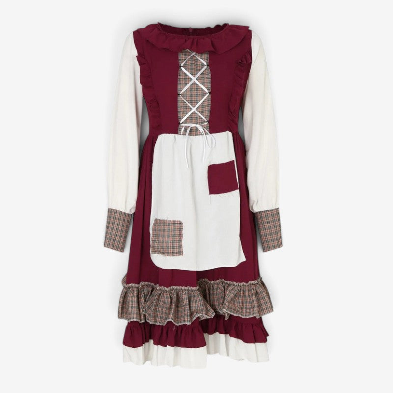 Midi Dress Women - Bavarian Folk Dress with Long Sleeves and Ruffle Hem Apron
