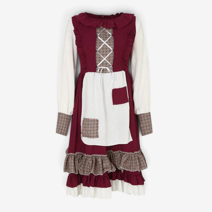 Midi Dress Women - Bavarian Folk Dress with Long Sleeves and Ruffle Hem Apron