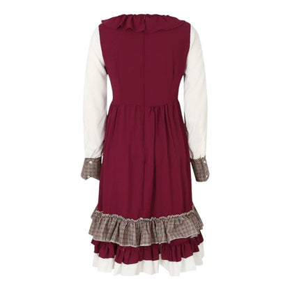 Midi Dress Women - Bavarian Folk Dress with Long Sleeves and Ruffle Hem Apron