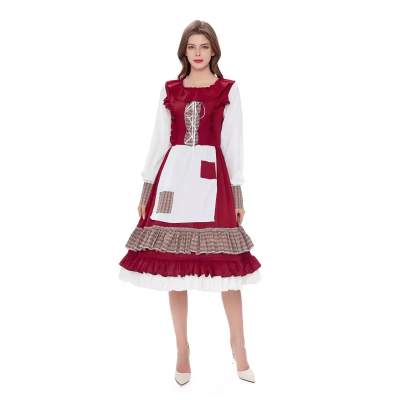Midi Dress Women - Bavarian Folk Dress with Long Sleeves and Ruffle Hem Apron
