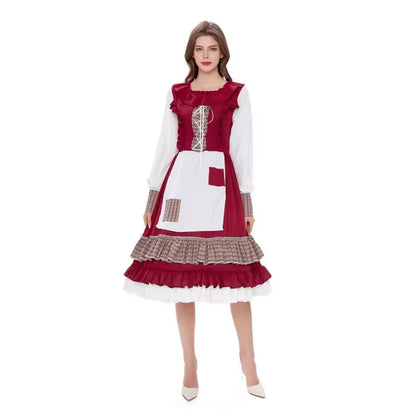 Midi Dress Women - Bavarian Folk Dress with Long Sleeves and Ruffle Hem Apron