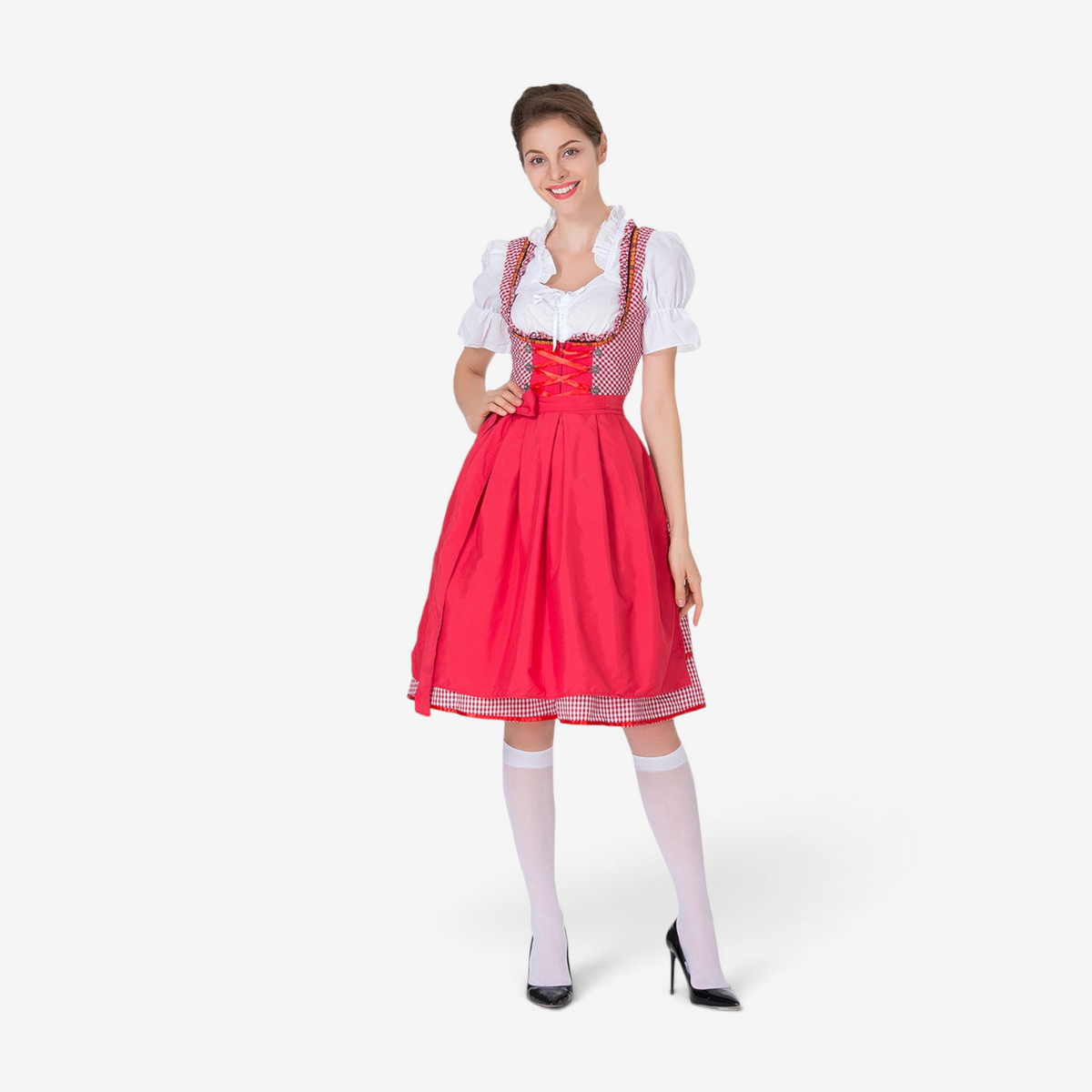 Midi Dress Women - Bavarian Gingham Dirndl Dress with Lace-Up Bodice and Apron