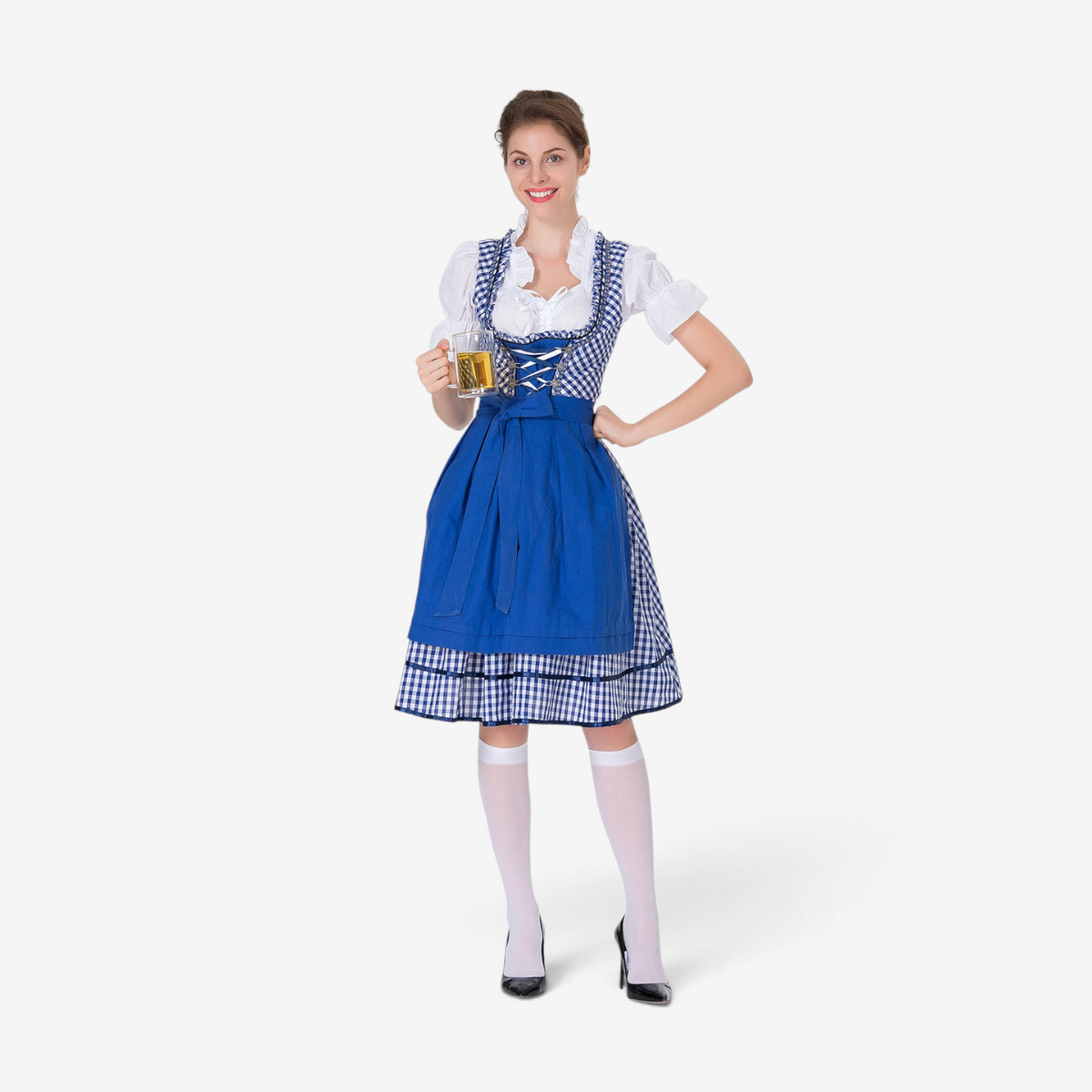 Midi Dress Women - Bavarian Gingham Dirndl Dress with Lace-Up Bodice and Apron