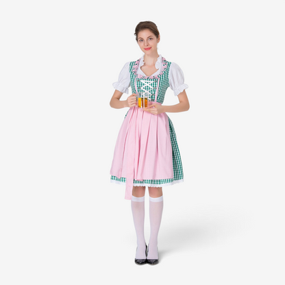 Midi Dress Women - Bavarian Gingham Dirndl Dress with Lace-Up Bodice and Apron