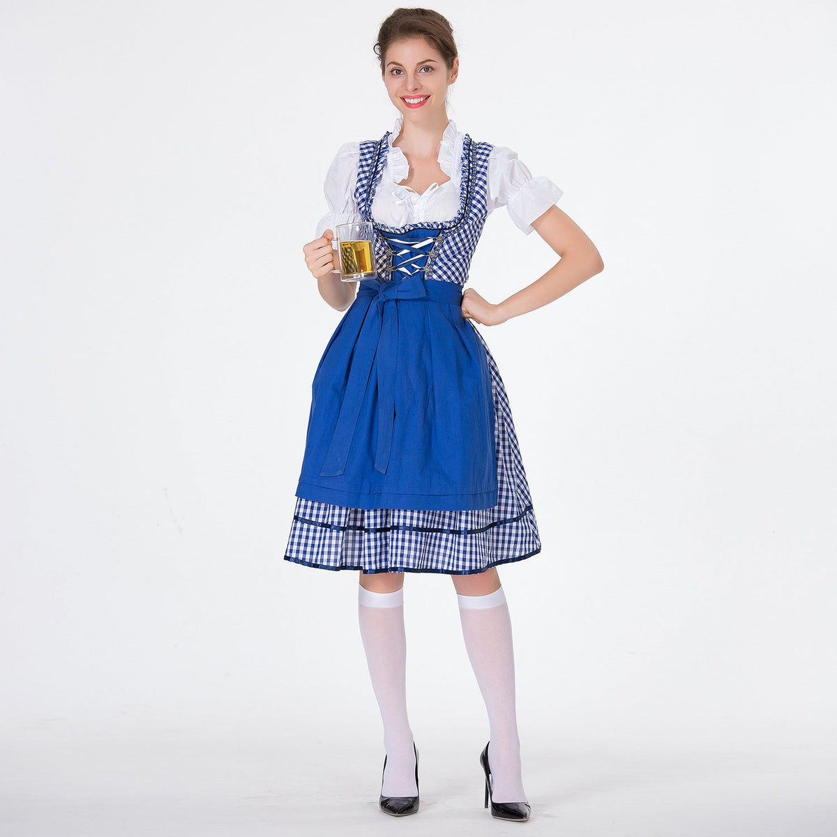 Midi Dress Women - Bavarian Gingham Dirndl Dress with Lace-Up Bodice and Apron
