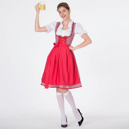 Midi Dress Women - Bavarian Gingham Dirndl Dress with Lace-Up Bodice and Apron