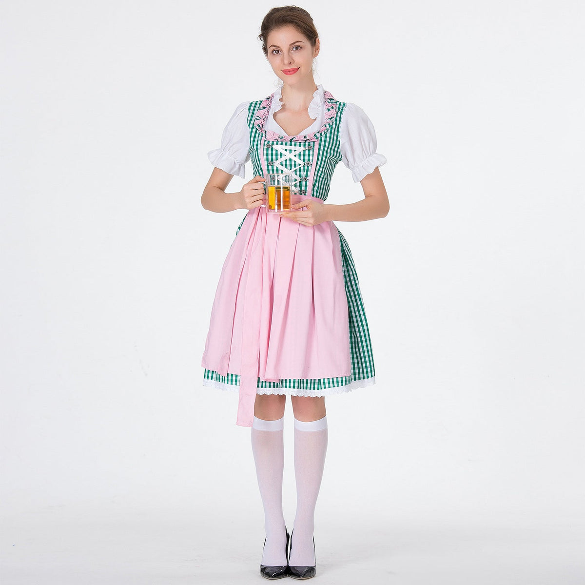 Midi Dress Women - Bavarian Gingham Dirndl Dress with Lace-Up Bodice and Apron