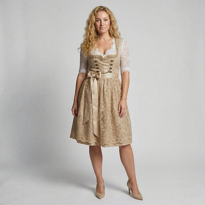 Midi Dress Women - Bavarian Lace Dirndl Dress with Button Bodice and Lace Blouse