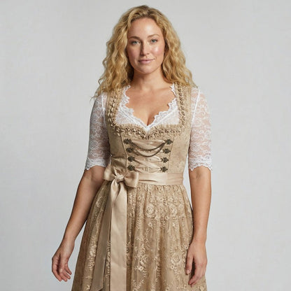 Midi Dress Women - Bavarian Lace Dirndl Dress with Button Bodice and Lace Blouse