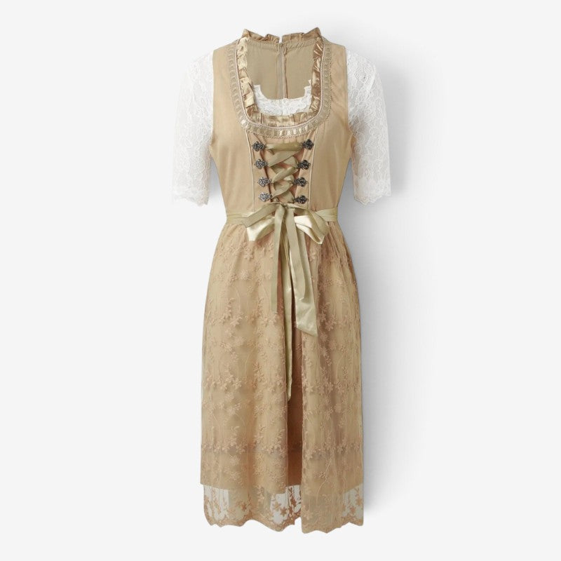 Midi Dress Women - Bavarian Lace Dirndl Dress with Lace-Up Bodice and Satin Sash