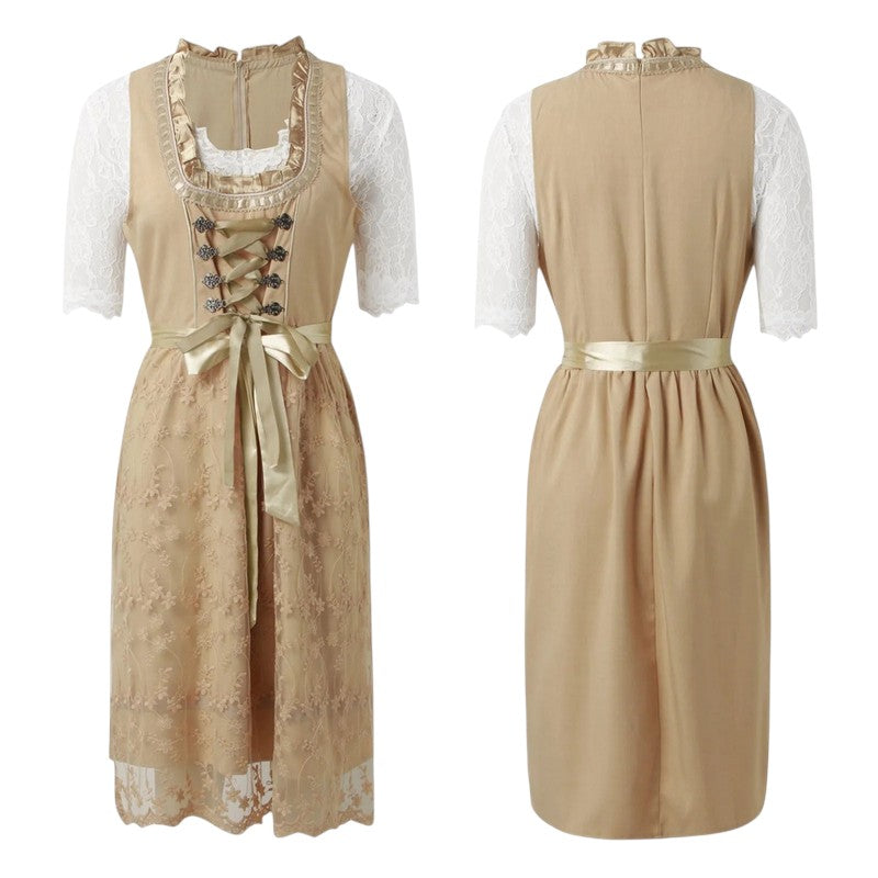 Midi Dress Women - Bavarian Lace Dirndl Dress with Lace-Up Bodice and Satin Sash