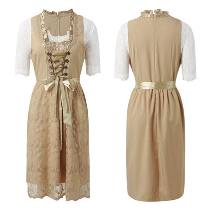Midi Dress Women - Bavarian Lace Dirndl Dress with Lace-Up Bodice and Satin Sash