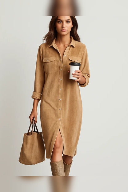 Midi Dress Women - Corduroy with Chest Pockets