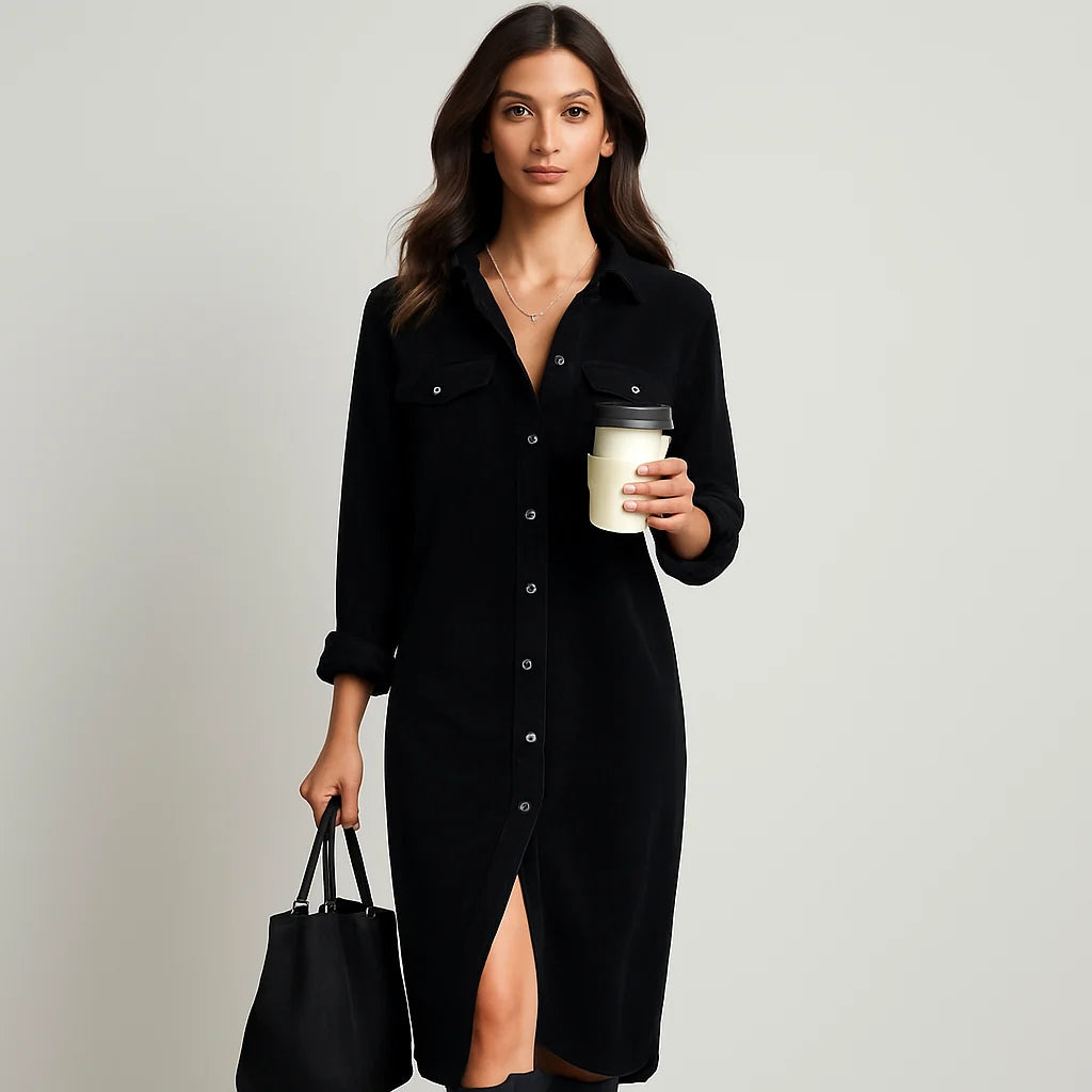 Midi Dress Women - Corduroy with Chest Pockets