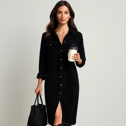 Midi Dress Women - Corduroy with Chest Pockets