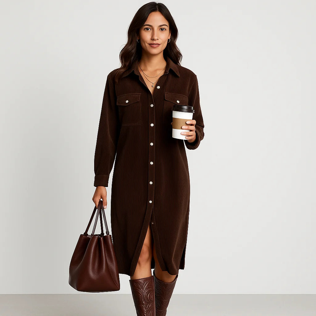 Midi Dress Women - Corduroy with Chest Pockets