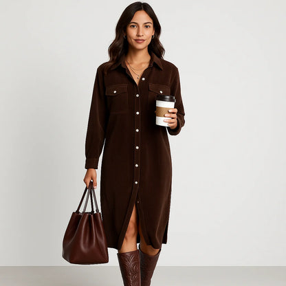 Midi Dress Women - Corduroy with Chest Pockets