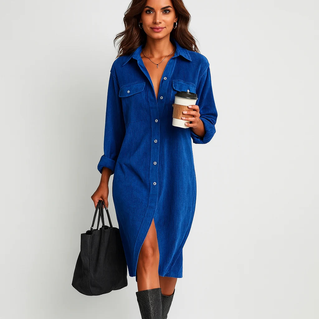 Midi Dress Women - Corduroy with Chest Pockets