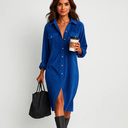 Midi Dress Women - Corduroy with Chest Pockets