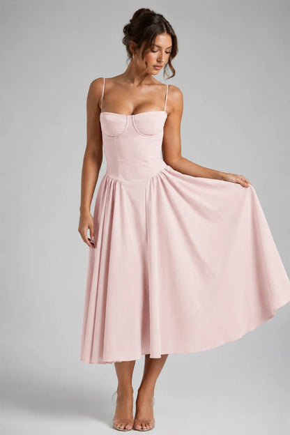 Midi Dress Women - Corset Bodice with Lace-Up Back