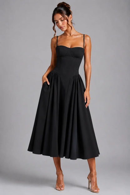 Midi Dress Women - Corset Bodice with Lace-Up Back