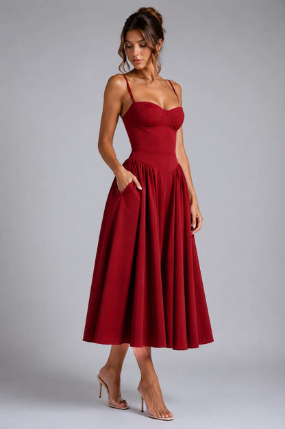 Midi Dress Women - Corset Bodice with Lace-Up Back