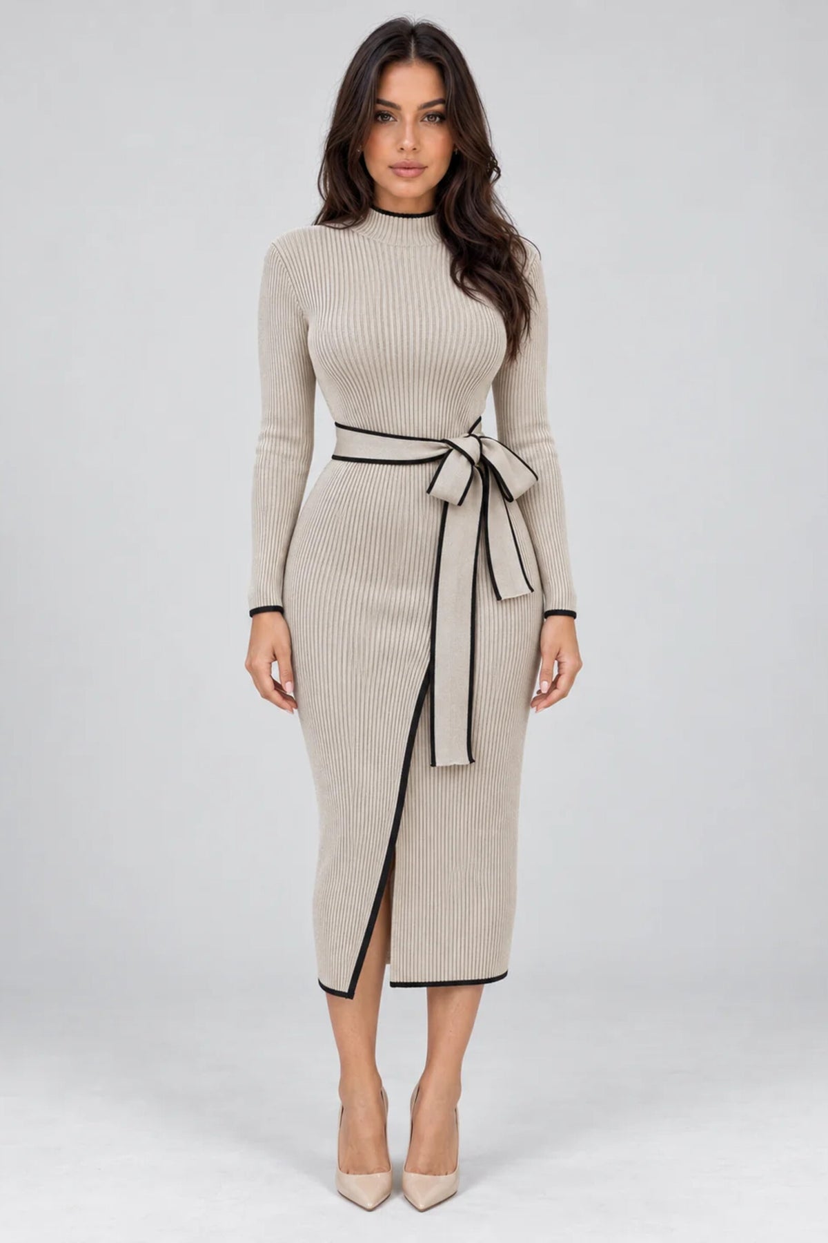 Midi Dress Women - High Neck Ribbed Belted Dress