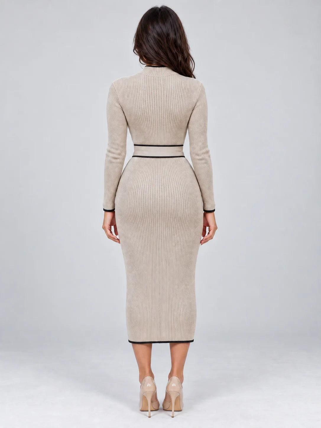 Midi Dress Women - High Neck Ribbed Belted Dress