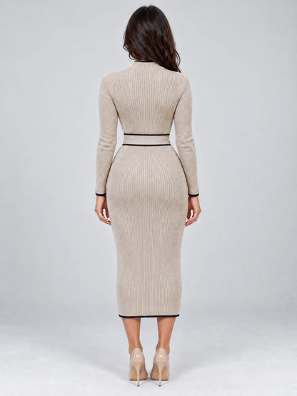 Midi Dress Women - High Neck Ribbed Belted Dress