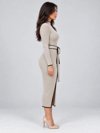 Midi Dress Women - High Neck Ribbed Belted Dress