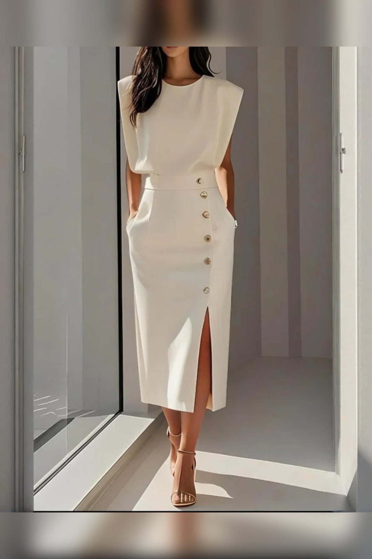 Midi Dress Women - Sculpted Waist with Front Slit